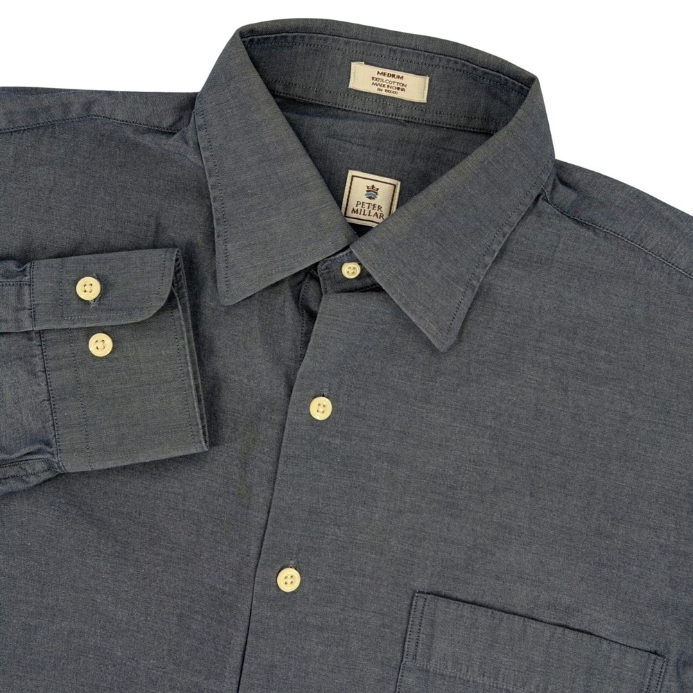 Peter Millar Button Up Shirt Men Medium Blue Chambray Cotton Regular Fit Classic